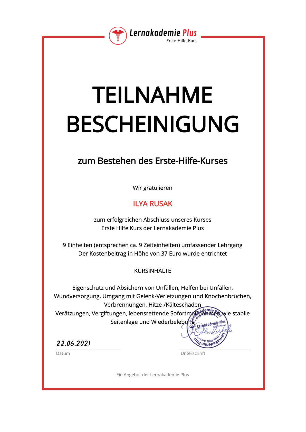 Certificat de premiers secours